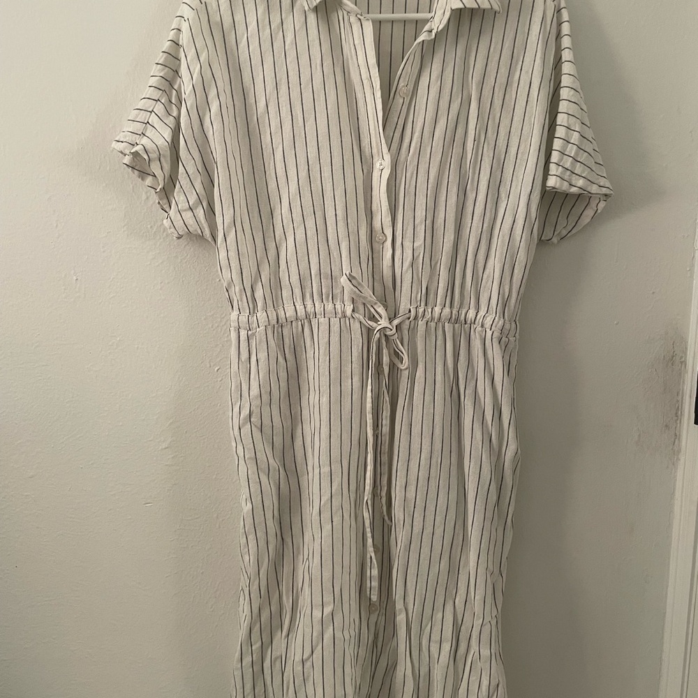 Linen Striped Button-Down Dress with Pockets